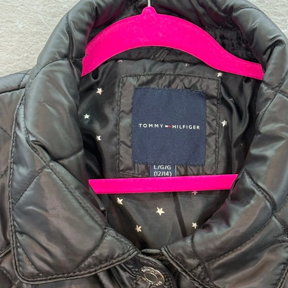 Tommy Hilfiger -Big Girls black quilted jacket light collared coat snap button L